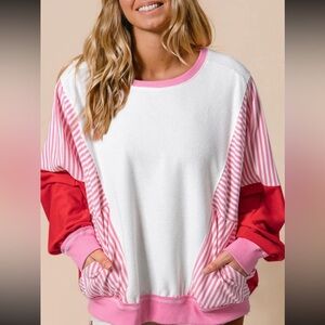 VD2–❤️🤍💗 (SHIPPED) Colorful Striped Pink with color block Sweatshirt